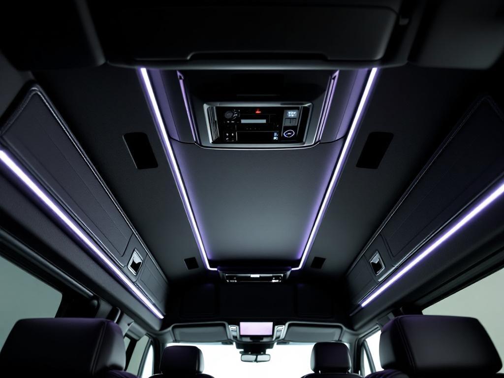 The cabin of the Blue Sky Luxury Sprinter with its ambient lighting on