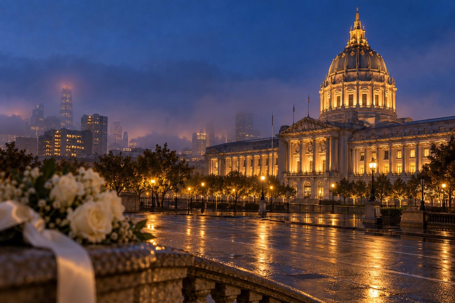 San Francisco City Hall's dome lit warm gold against a navy blue-hour sky, with white roses out of focus on a stone ledge in the foreground